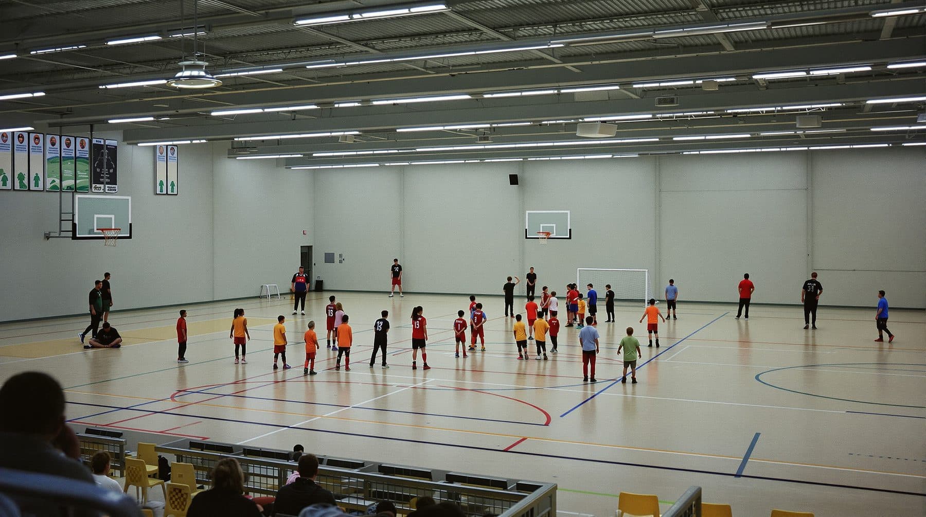 Håndballtrening i en idrettshall sett fra tribunen