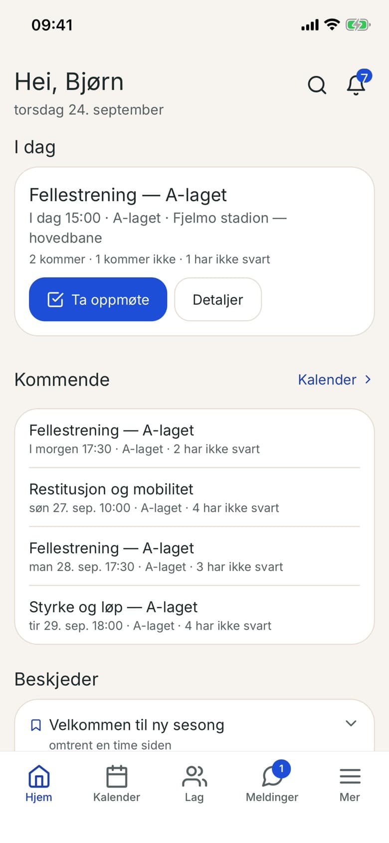 Sportio-appen for trenere: dagens treninger, hvem som ikke har svart, og oppmøte med ett trykk