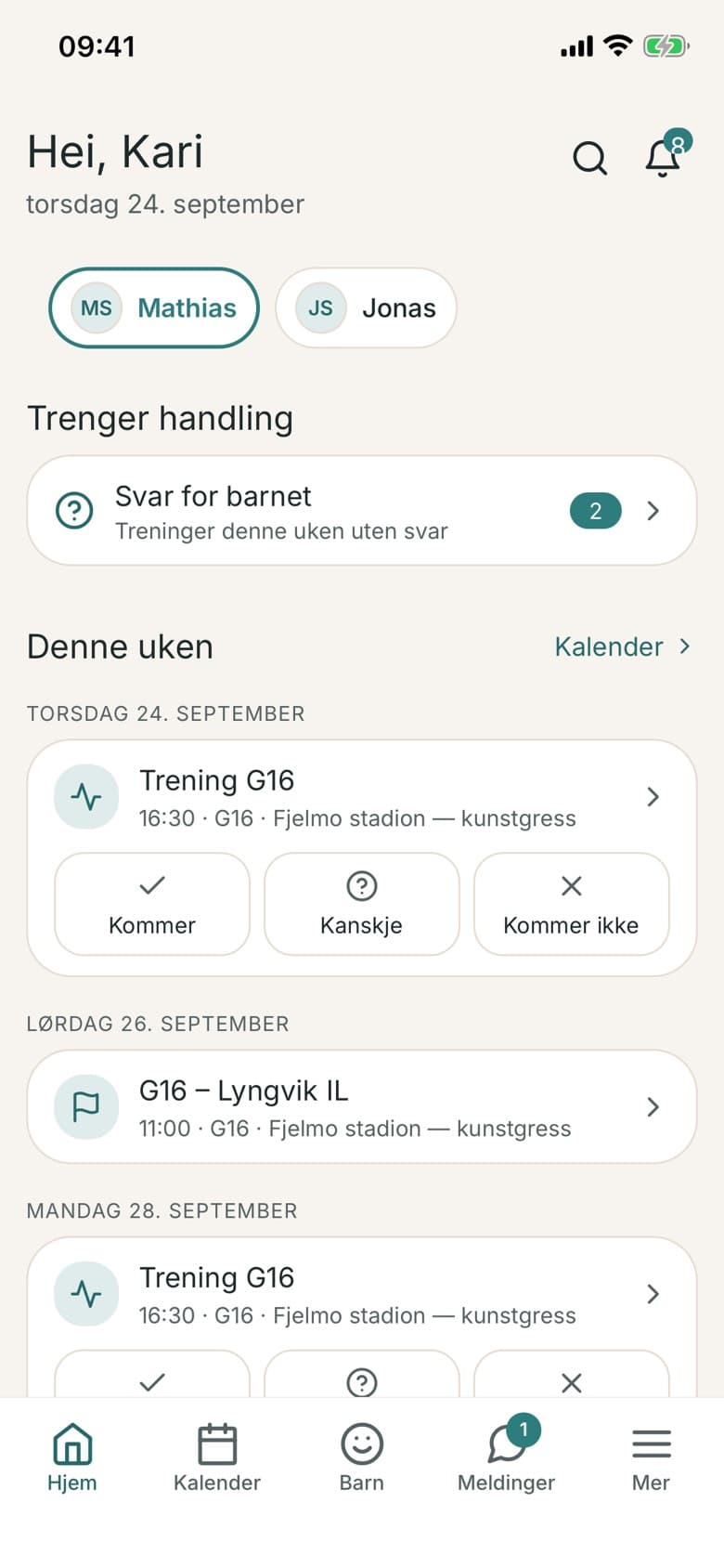 Sportio-appen for foresatte: barnets treninger og oppmøte