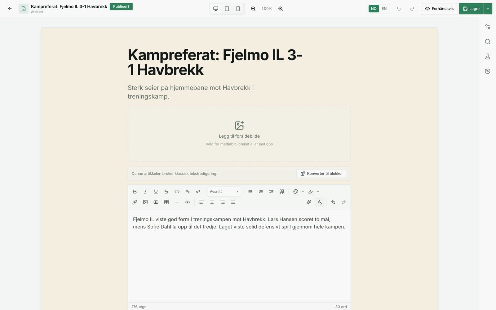 Sportio Studio: fullskjerms-editor med en artikkel under arbeid