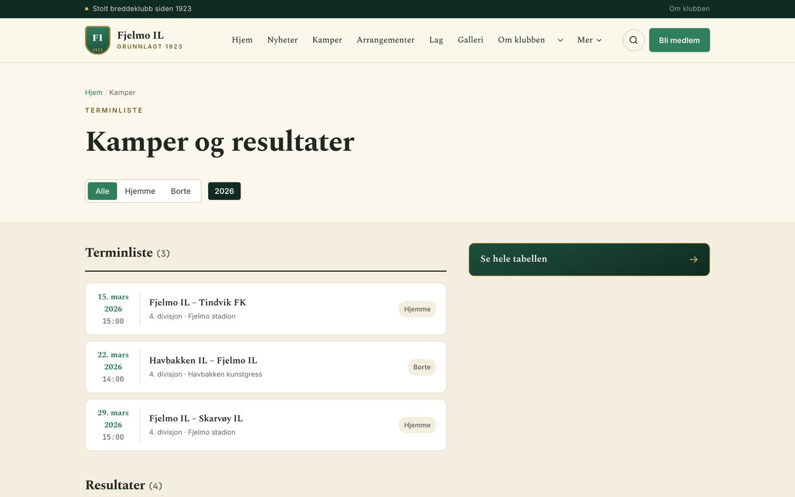 Kamper og resultater på en klubbside: terminliste og tabell